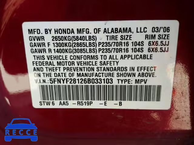 2006 HONDA PILOT LX 5FNYF28126B033103 Bild 9