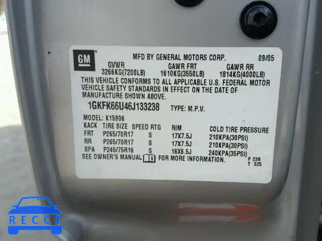 2006 GMC YUKON DENA 1GKFK66U46J133238 image 9