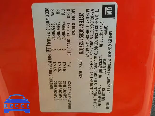 2009 GMC SIERRA K15 2GTEK19C891127079 image 9