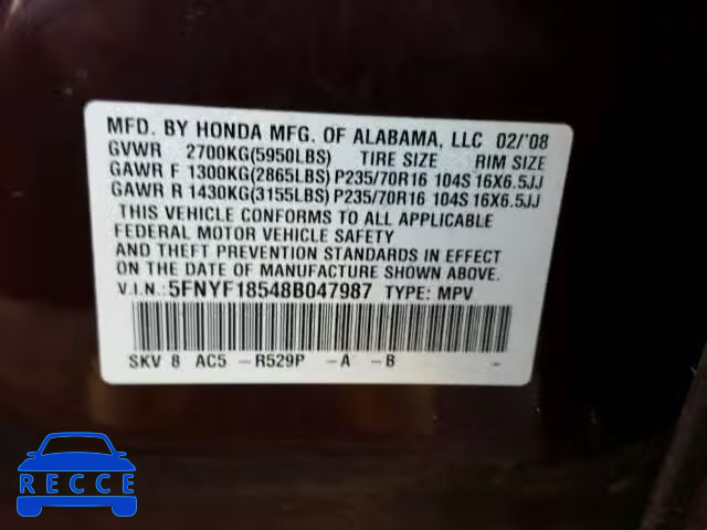 2008 HONDA PILOT EXL 5FNYF18548B047987 image 9