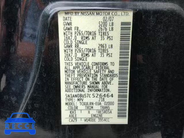 2007 NISSAN XTERRA 4.0 5N1AN08U57C526464 image 9
