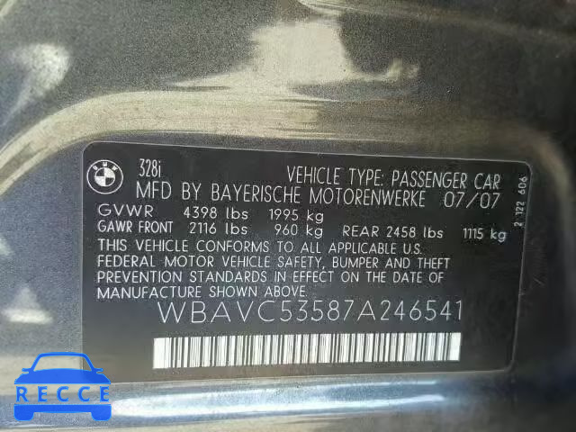2007 BMW 328I SULEV WBAVC53587A246541 зображення 9