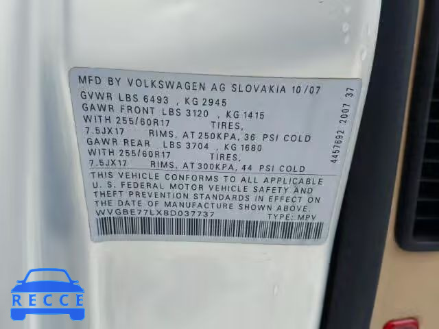 2008 VOLKSWAGEN TOUAREG 2 WVGBE77LX8D037737 image 9