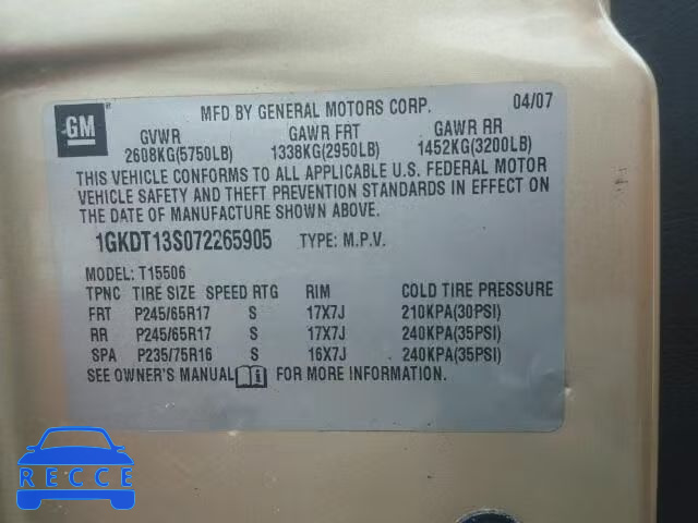 2007 GMC ENVOY 1GKDT13S072265905 image 9