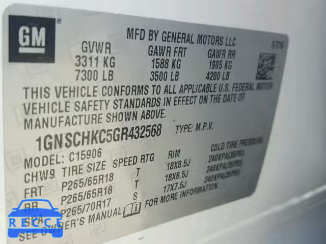 2016 CHEVROLET C1500 SUBU 1GNSCHKC5GR432568 image 9