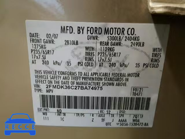 2007 FORD EDGE SE 2FMDK36C27BA74975 зображення 9