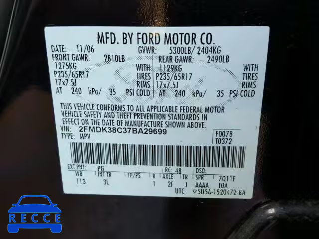 2007 FORD EDGE SEL 2FMDK38C37BA29699 image 9