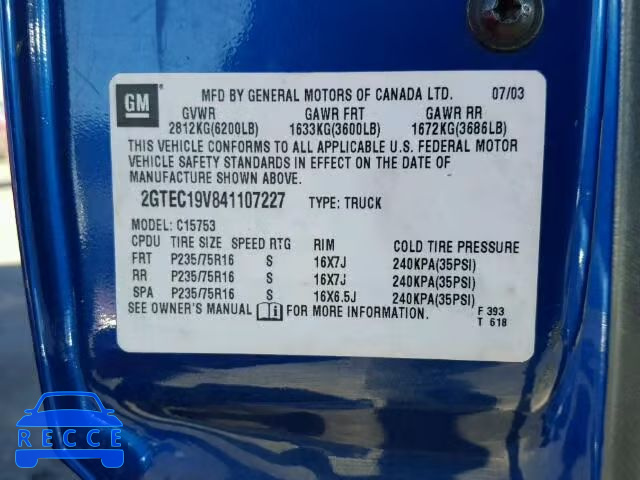 2004 GMC SIERRA C15 2GTEC19V841107227 image 9