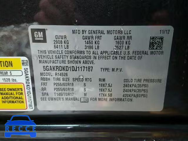 2013 BUICK ENCLAVE 5GAKRDKD1DJ117187 зображення 9