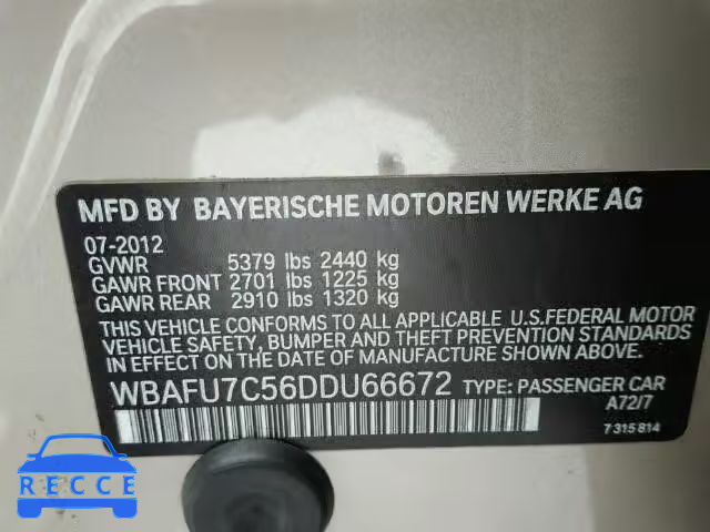 2013 BMW 535XI WBAFU7C56DDU66672 зображення 9