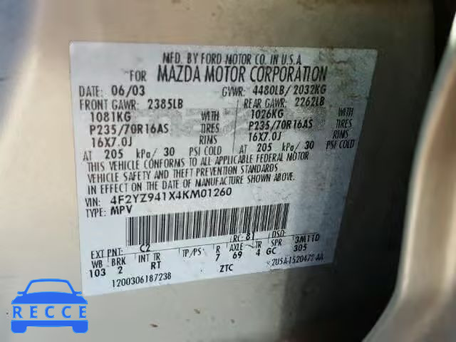 2004 MAZDA TRIBUTE LX 4F2YZ941X4KM01260 image 9