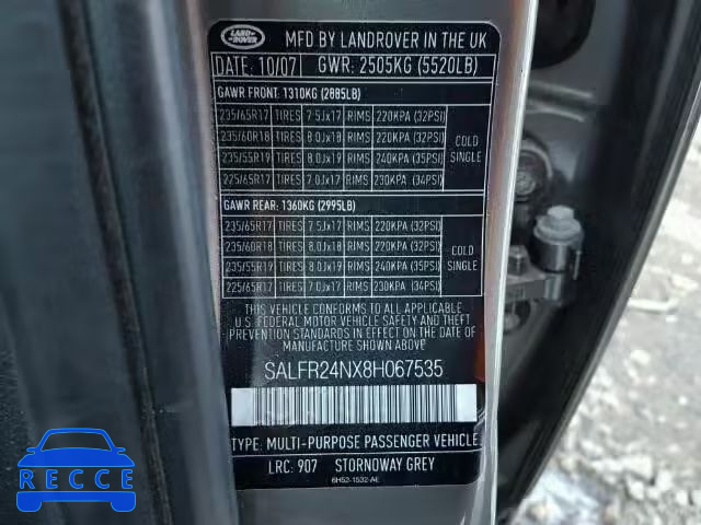 2008 LAND ROVER LR2 HSE SALFR24NX8H067535 зображення 9