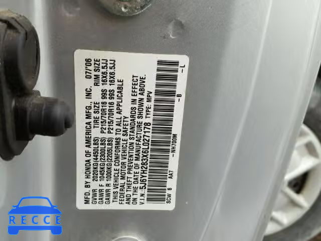 2006 HONDA ELEMENT LX 5J6YH283X6L027178 image 9