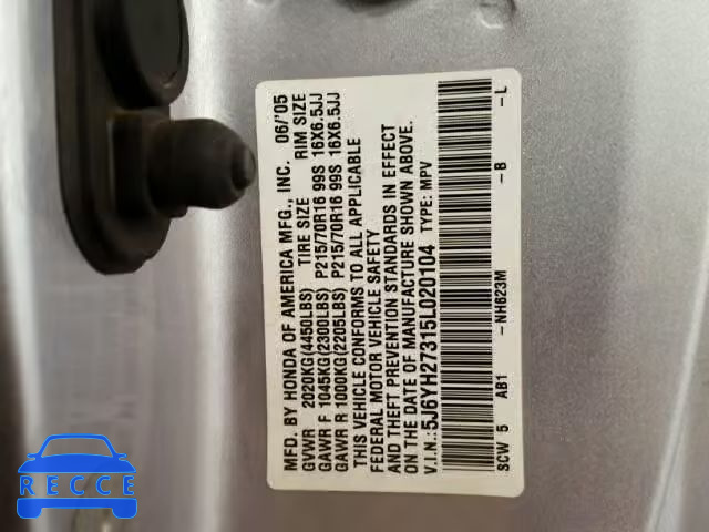 2005 HONDA ELEMENT LX 5J6YH27315L020104 image 9