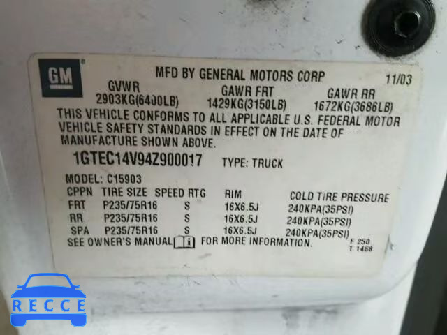 2004 GMC SIERRA C15 1GTEC14V94Z900017 image 9