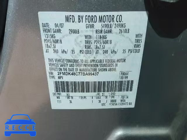 2007 FORD EDGE SEL A 2FMDK48C77BA99437 image 9