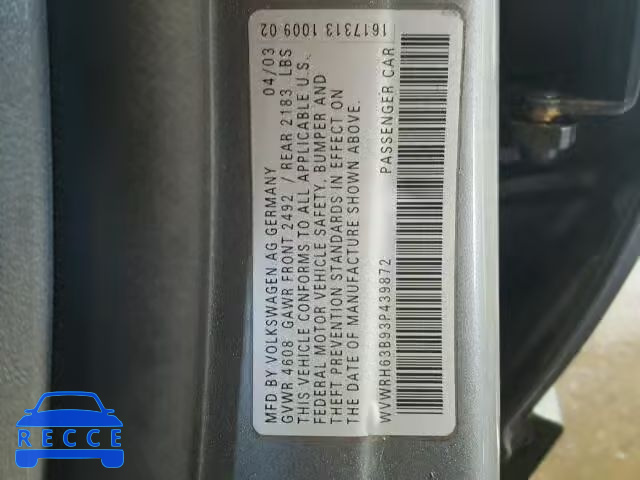 2003 VOLKSWAGEN PASSAT GLX WVWRH63B93P439872 image 9