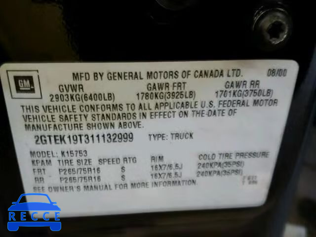 2001 GMC SIERRA K15 2GTEK19T311132999 image 9