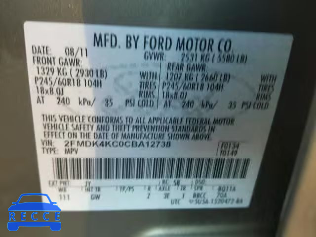 2012 FORD EDGE LIMIT 2FMDK4KC0CBA12738 зображення 9