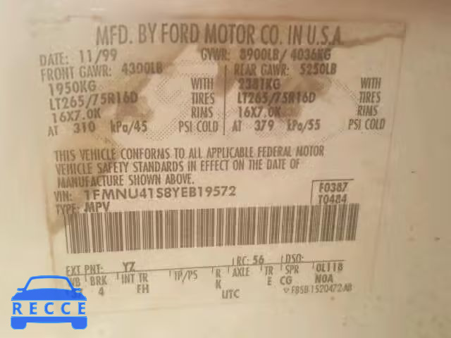 2000 FORD EXCURSION 1FMNU41S8YEB19572 image 9