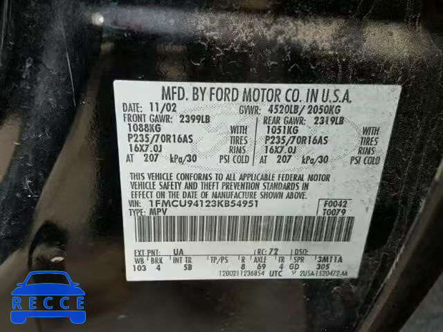 2003 FORD ESCAPE LIM 1FMCU94123KB54951 image 9