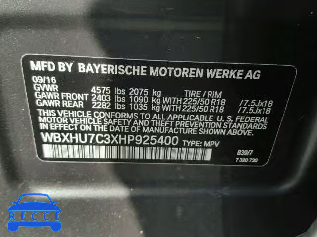 2017 BMW X1 SDRIVE2 WBXHU7C3XHP925400 image 9