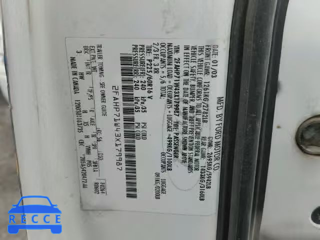 2003 FORD CROWN VIC 2FAHP71W43X179987 image 9