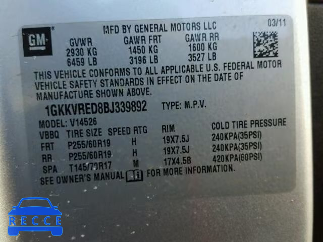 2011 GMC ACADIA SLT 1GKKVRED8BJ339892 image 9