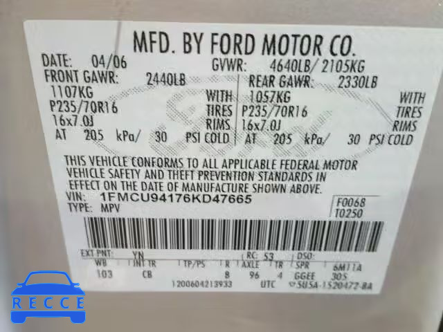 2006 FORD ESCAPE LIM 1FMCU94176KD47665 image 9