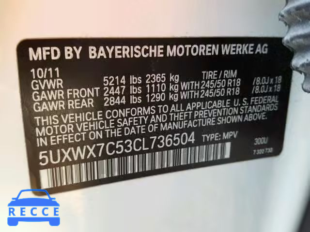 2012 BMW X3 XDRIVE3 5UXWX7C53CL736504 зображення 9