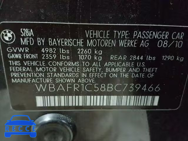 2011 BMW 528I WBAFR1C58BC739466 зображення 9
