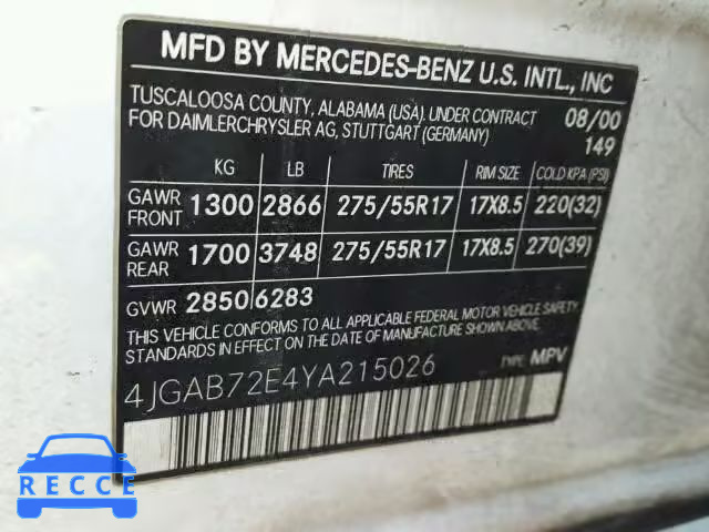 2000 MERCEDES-BENZ ML430 4JGAB72E4YA215026 зображення 9