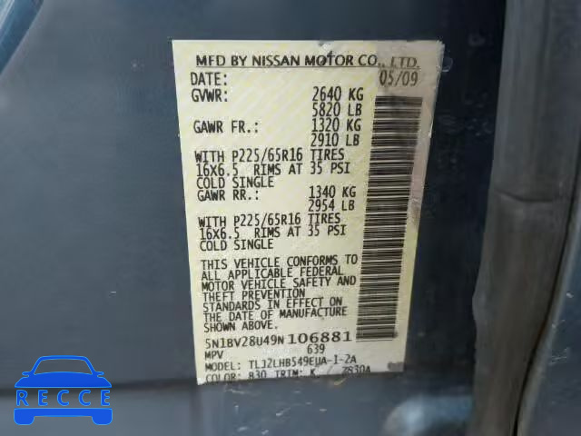 2009 NISSAN QUEST S/SE 5N1BV28U49N106881 Bild 9