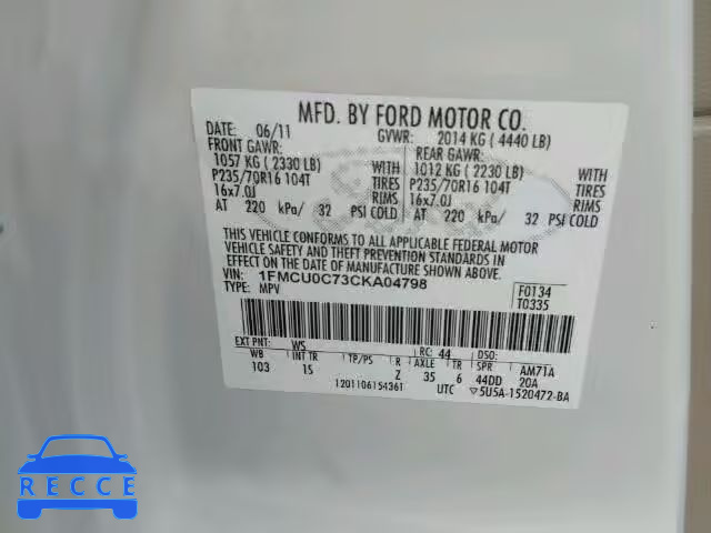 2012 FORD ESCAPE XLS 1FMCU0C73CKA04798 image 9