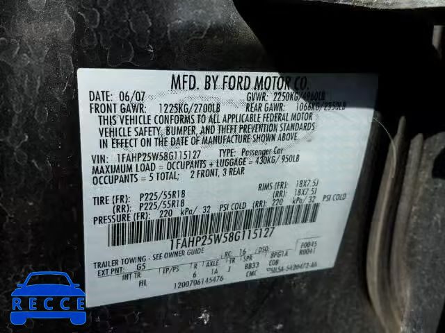 2008 FORD TAURUS LIM 1FAHP25W58G115127 Bild 9