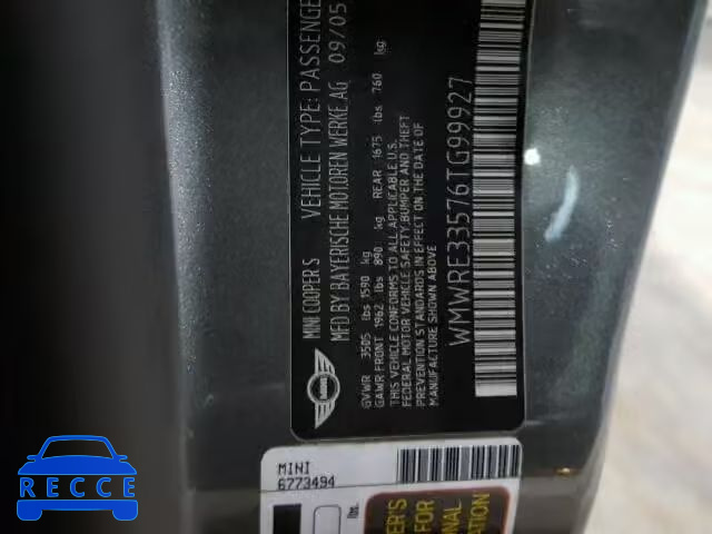 2006 MINI COOPER S WMWRE33576TG99927 image 9