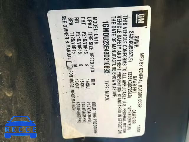 2003 PONTIAC MONTANA EC 1GMDU23E43D210893 image 9