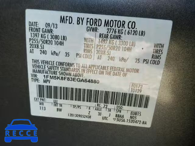 2014 FORD EXPLORER L 1FM5K8F83EGA64880 image 9