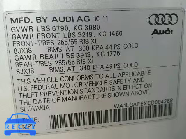 2012 AUDI Q7 PREMIUM WA1LGAFEXCD004288 image 9