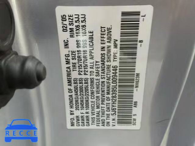 2005 HONDA ELEMENT LX 5J6YH28395L009446 image 9