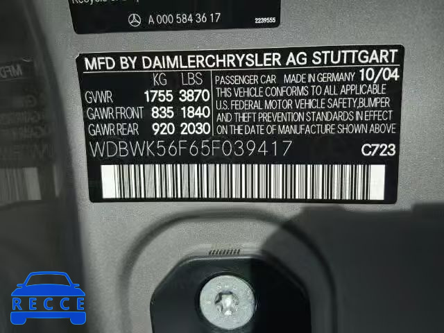 2005 MERCEDES-BENZ SLK350 WDBWK56F65F039417 image 9