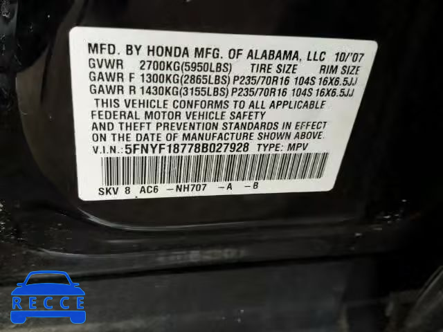 2008 HONDA PILOT EXL 5FNYF18778B027928 image 9