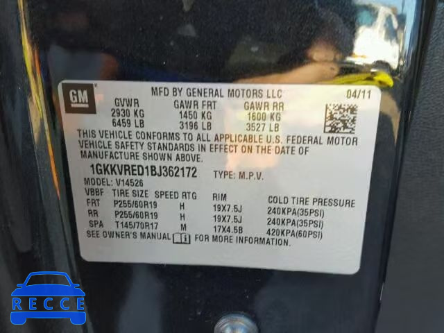 2011 GMC ACADIA SLT 1GKKVRED1BJ362172 image 9