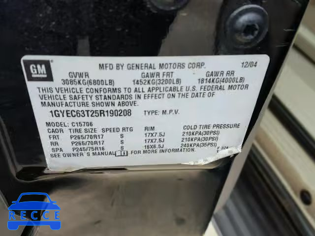 2005 CADILLAC ESCALADE L 1GYEC63T25R190208 image 9