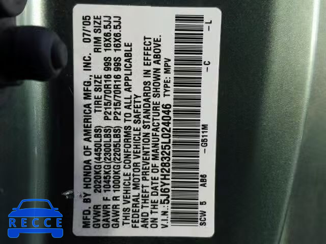 2005 HONDA ELEMENT LX 5J6YH28325L024046 image 9