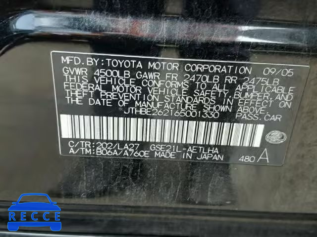 2006 LEXUS IS350 JTHBE262165001330 image 9