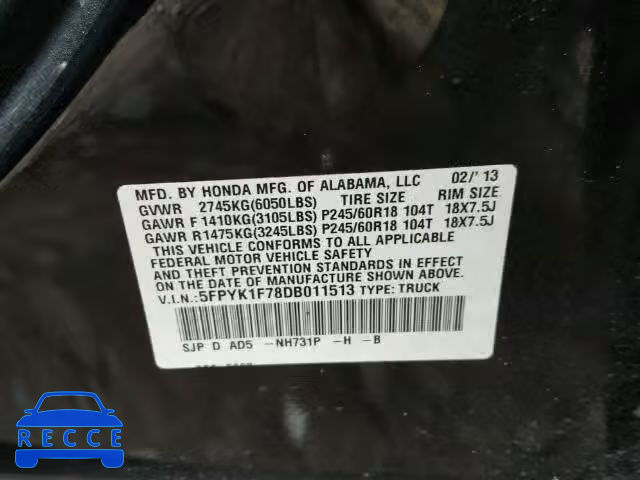 2013 HONDA RIDGELINE 5FPYK1F78DB011513 image 9