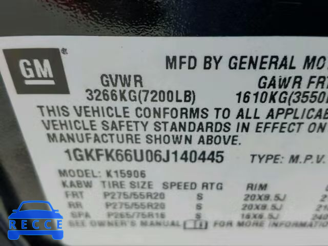 2006 GMC YUKON DENA 1GKFK66U06J140445 зображення 9