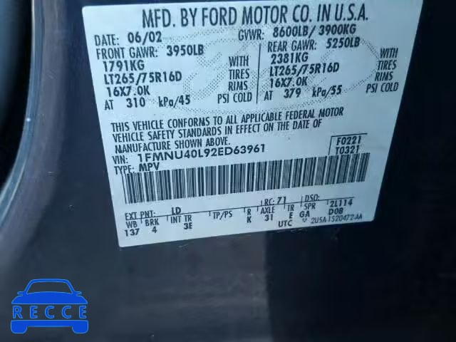 2002 FORD EXCURSION 1FMNU40L92ED63961 image 9