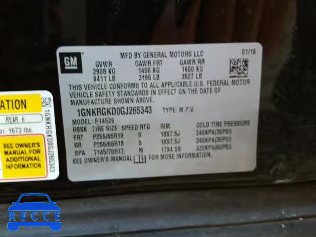2016 CHEVROLET TRAVERSE L 1GNKRGKD0GJ265343 image 9
